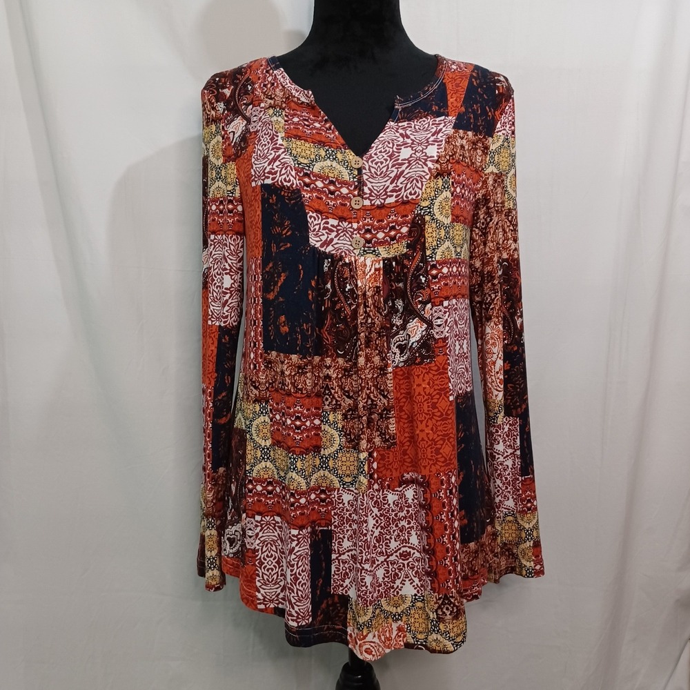 Women's Cathy Soft Stretch Quilt Pattern Boho Hippie Long Sleeve Blouse Size Med